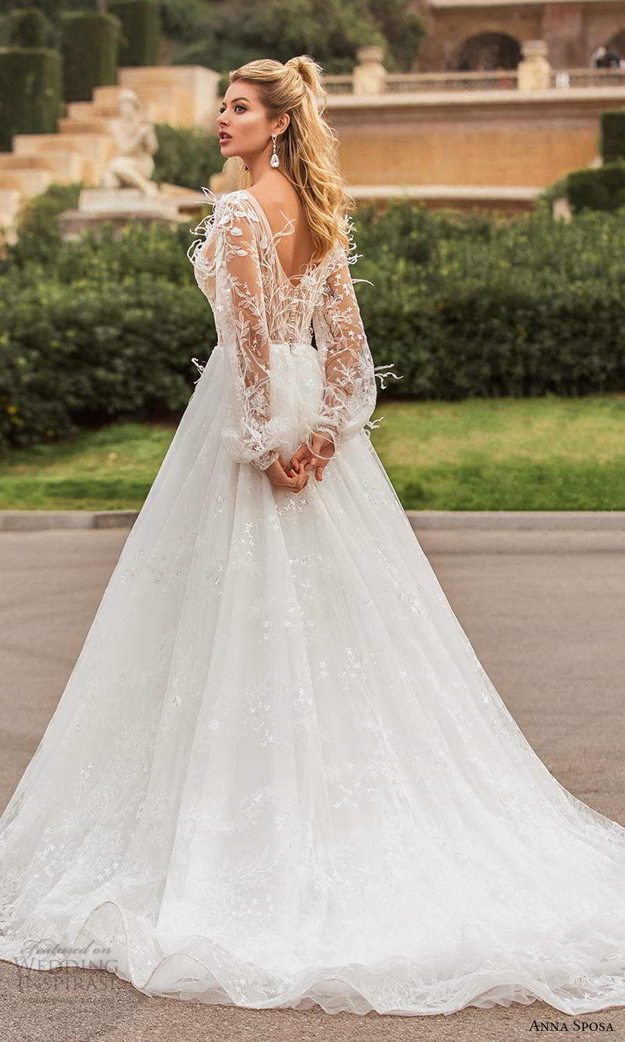 anna sposa 2021 bridal illusion bishop sleeves plunging v neckline fully embellished feather lace a line ball gown wedding dress chapel train (11) bv