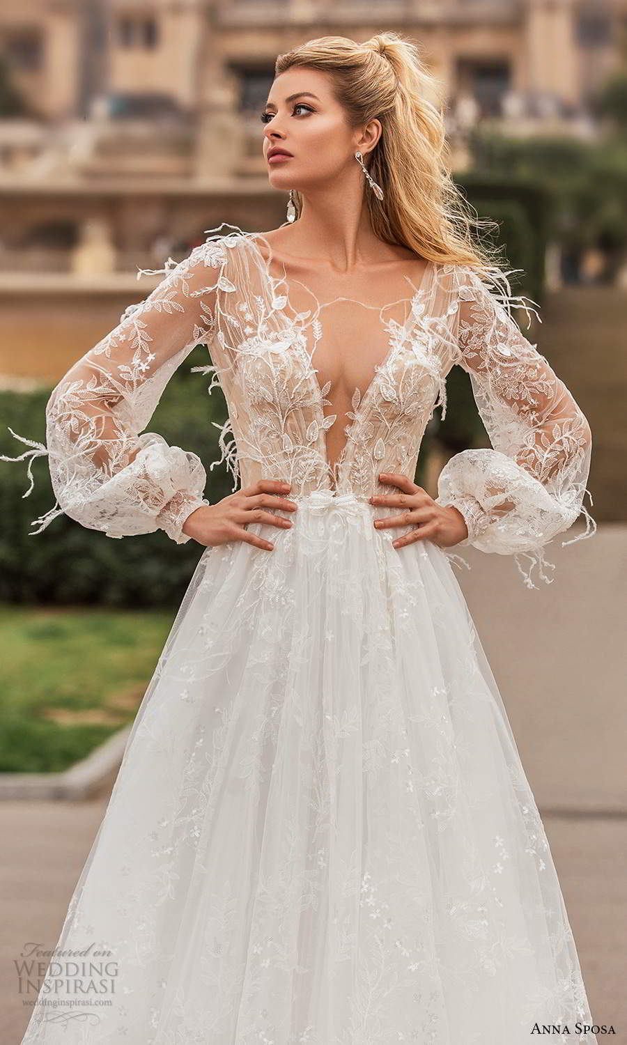 anna sposa 2021 bridal illusion bishop sleeves plunging v neckline fully embellished feather lace a line ball gown wedding dress chapel train (11) zv