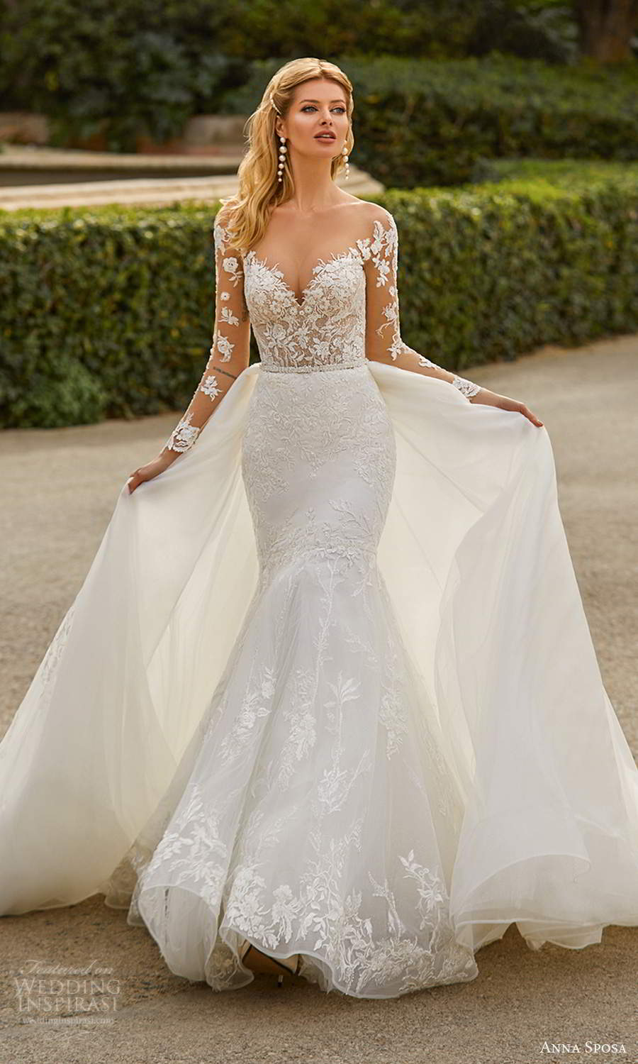 anna sposa 2021 bridal illusion long sleeves off shoulder sweetheart neckline embellished bodice lace fit flare mermaid wedding dress chapel train a line overskirt (19) mv anna sposa 2021 bridal illusion long sleeves off shoulder sweetheart neckline embellished bodice lace fit flare mermaid wedding dress chapel train a line overskirt (19) mv