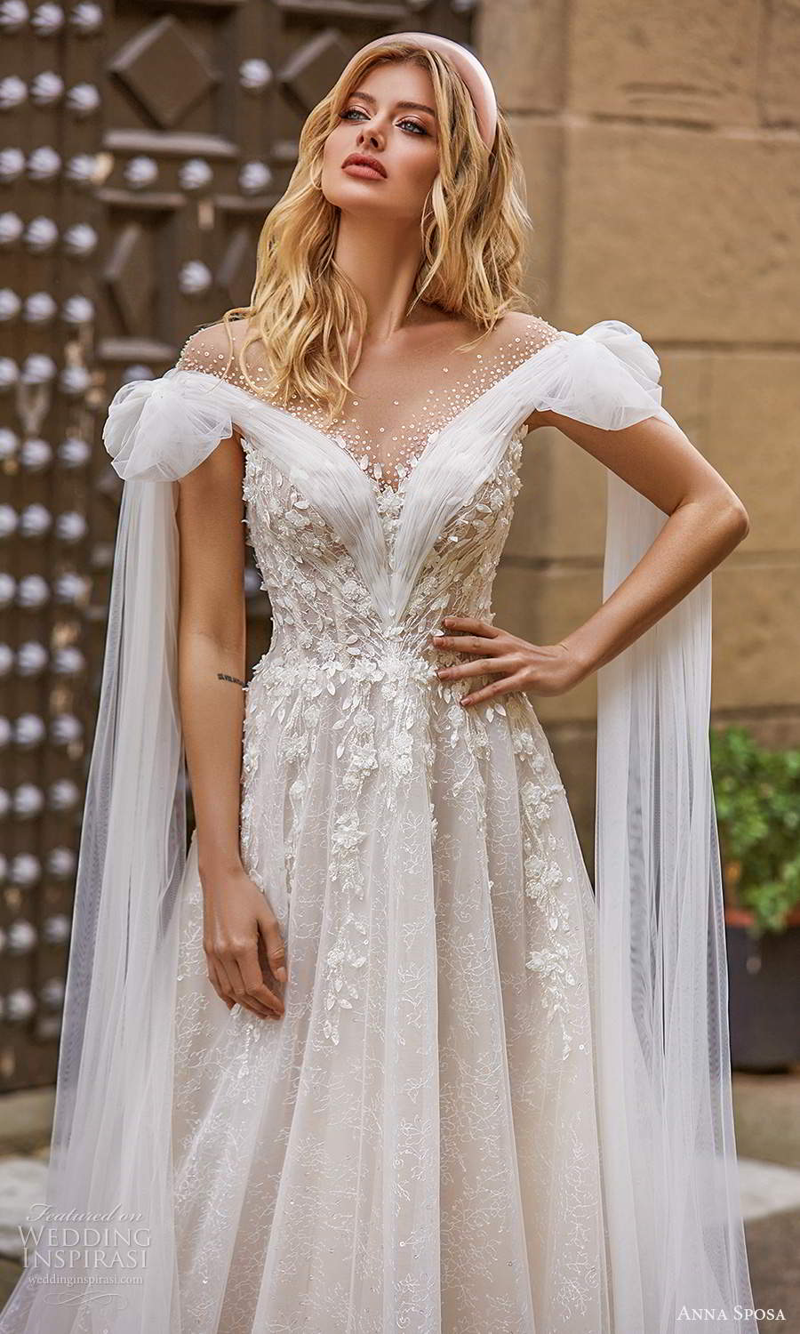 anna sposa 2021 bridal off shoulder straps ruched neckline fully embellished a line ball gown wedding dress chapel tain boho illusion v back chapel train (16) zv