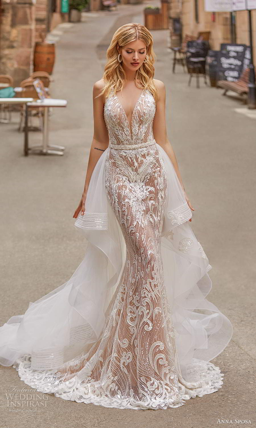 anna sposa 2021 bridal sleeveless straps plunging v neckline fully embellished sheer sheath wedding dress high low ball gown overskirt (4) mv