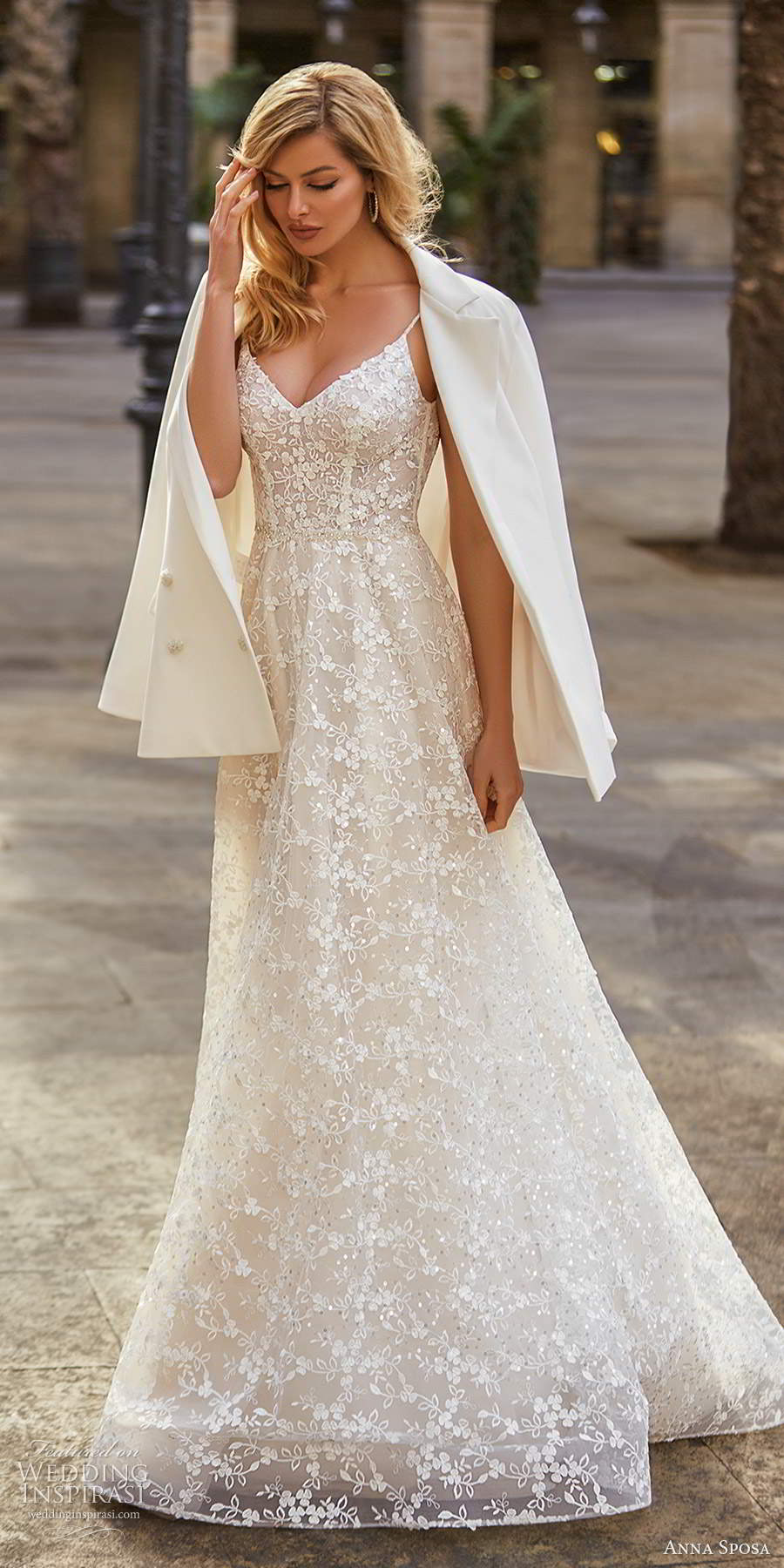 anna sposa 2021 bridal sleeveless thing straps v neckline fully embellished a line ball gown wedding dress chapel train scoop back jacket (8) mv