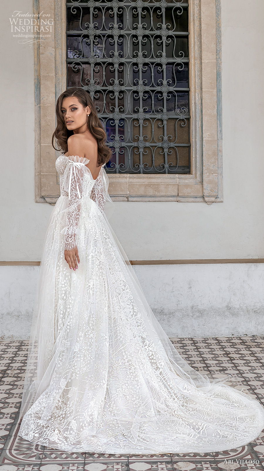 ari villoso 2021 bridal off the shoulder long poet sleeves sweetheart neckline full embellishment romantic a  line wedding dress mid back medium train (5) bv