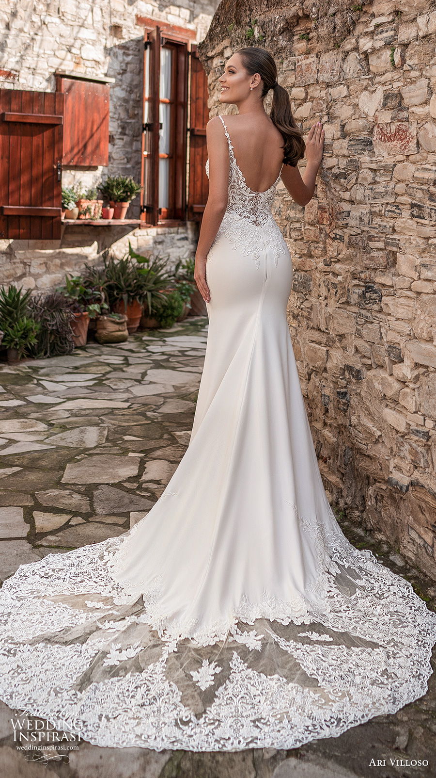 ari villoso 2021 bridal sleeveless thin strap v neckline heavily embellished bodice elegant fit and flare wedding dress v back chapel train (7) bv