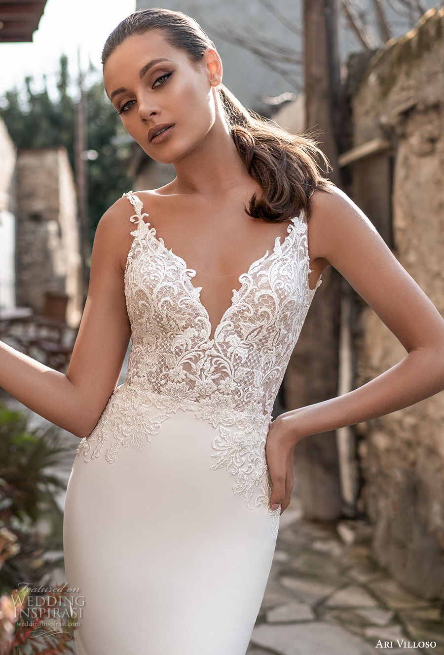 ari villoso 2021 bridal sleeveless thin strap v neckline heavily embellished bodice elegant fit and flare wedding dress v back chapel train (7) zv