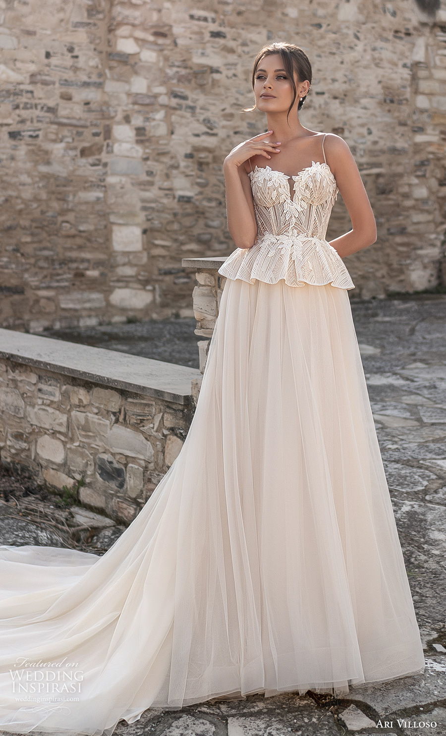 ari villoso 2021 bridal spaghetti strap sweetheart neckline heavily embellished bodice bustier romantic champagne peplum a line wedding dress corset back chapel train (2) mv ari villoso 2021 bridal spaghetti strap sweetheart neckline heavily embellished bodice bustier romantic champagne peplum a line wedding dress corset back chapel train (2) mv