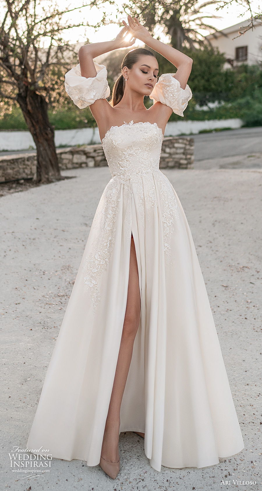 ari villoso 2021 bridal strapless straight across neckline heavily embellished bodice slit skirt romantic a line wedding dress corset back chapel train (9) mv ari villoso 2021 bridal strapless straight across neckline heavily embellished bodice slit skirt romantic a line wedding dress corset back chapel train (9) mv