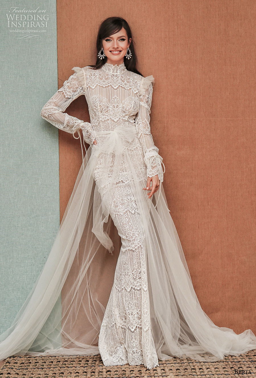 berta spring 2021 privee bridal long bouffant sleeves high neck vintage bohemian sheath wedding dress a  line overskirt low back chapel train (7) mv