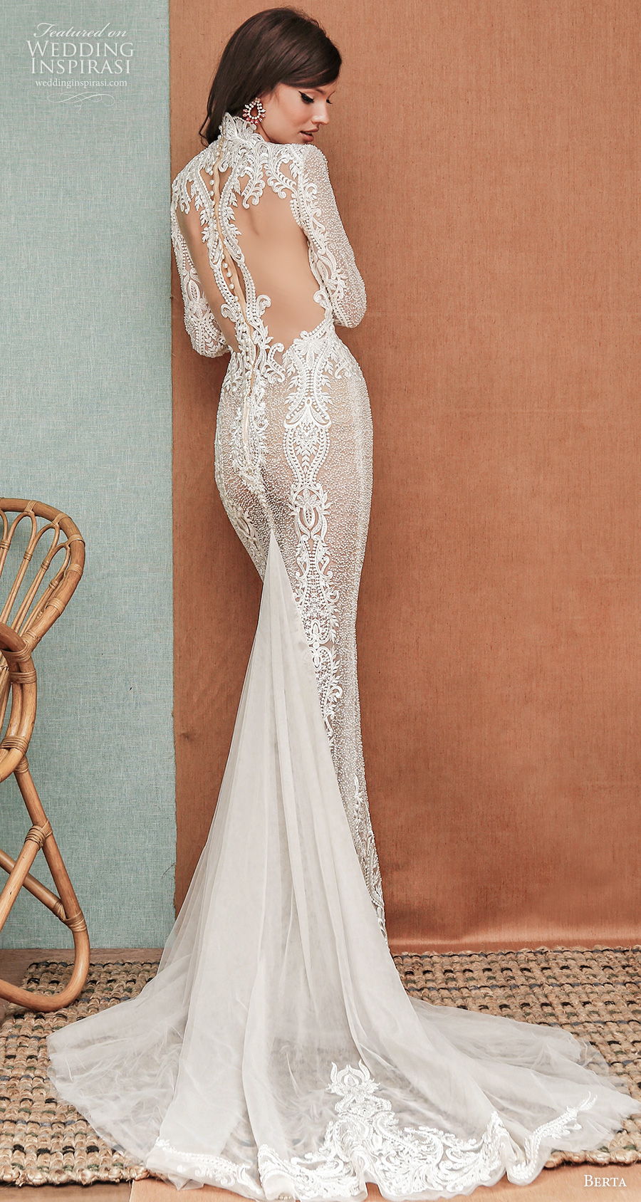 berta spring 2021 privee bridal long sleeves deep v neck full embellishment sexy elegant fit and flare sheath wedding dress sheer rasor back short train (2) bv