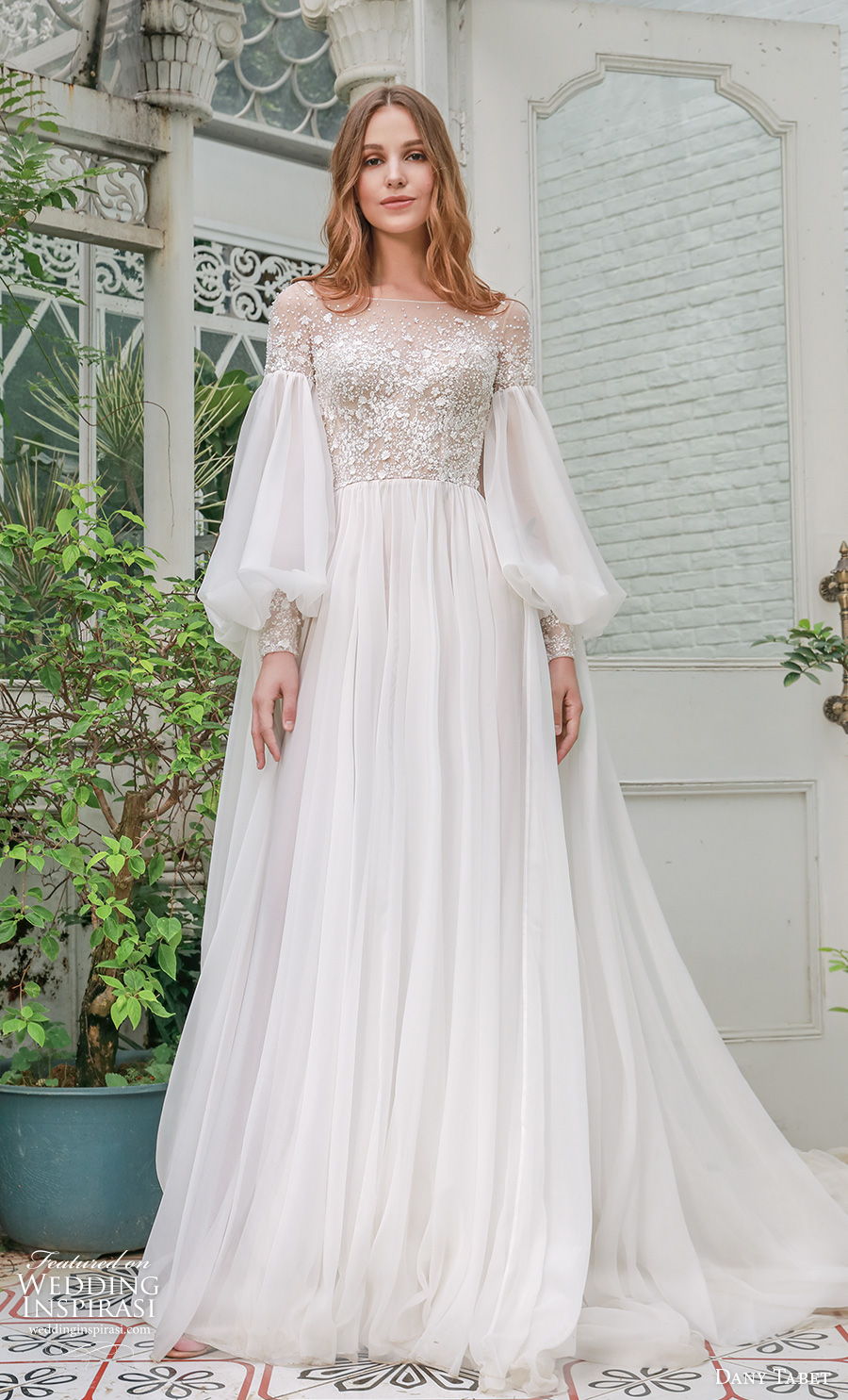 dany tabet 2021 emerge bridal long bishop sleeves illusion bateau neck heavily embellished bodice romantic a  line wedding dress sheer button back chapel train (4) mv