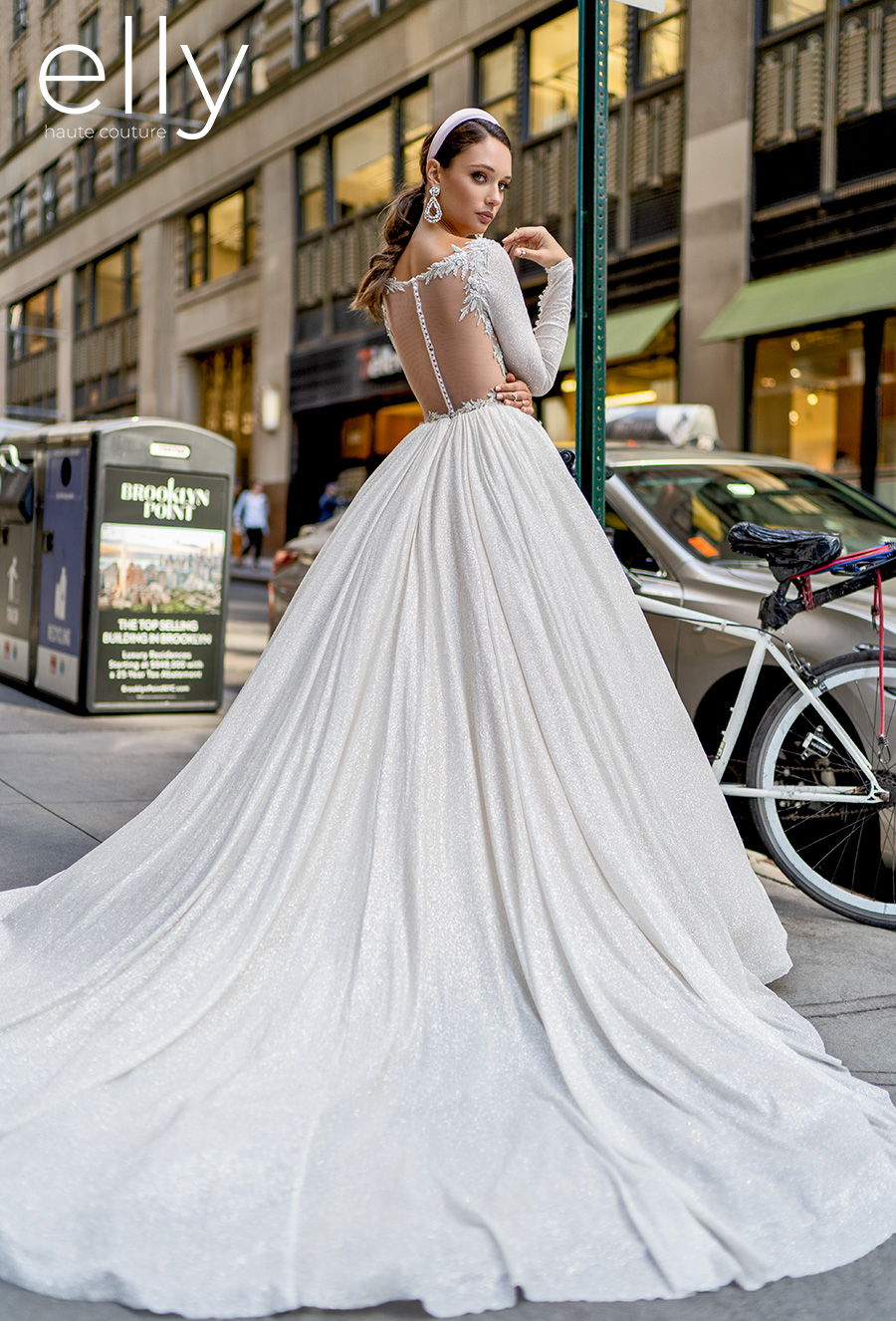 elly bride 2020 nyc bridal long sleeves bateau neck simple glitter glamorous princess ball gown a  line wedding dress sheer button back chapel train (angelica) bv