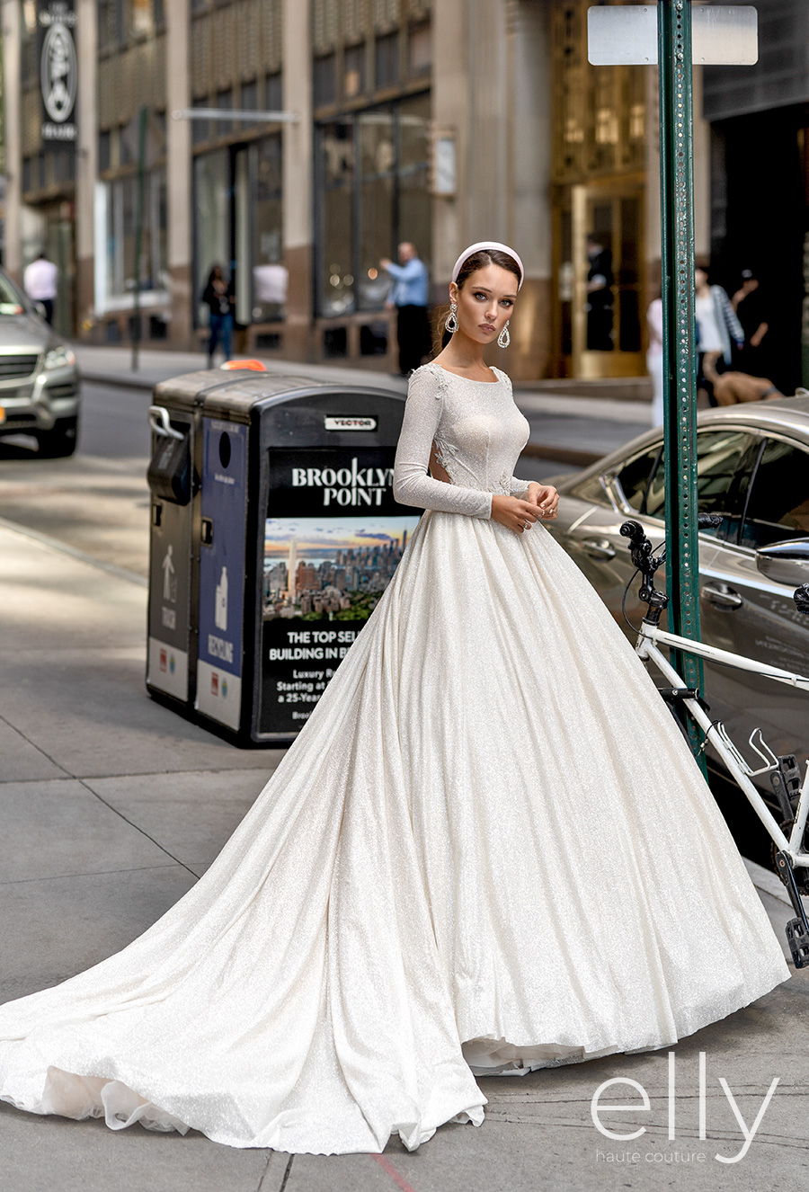 elly bride 2020 nyc bridal long sleeves bateau neck simple glitter glamorous princess ball gown a  line wedding dress sheer button back chapel train (angelica) mv