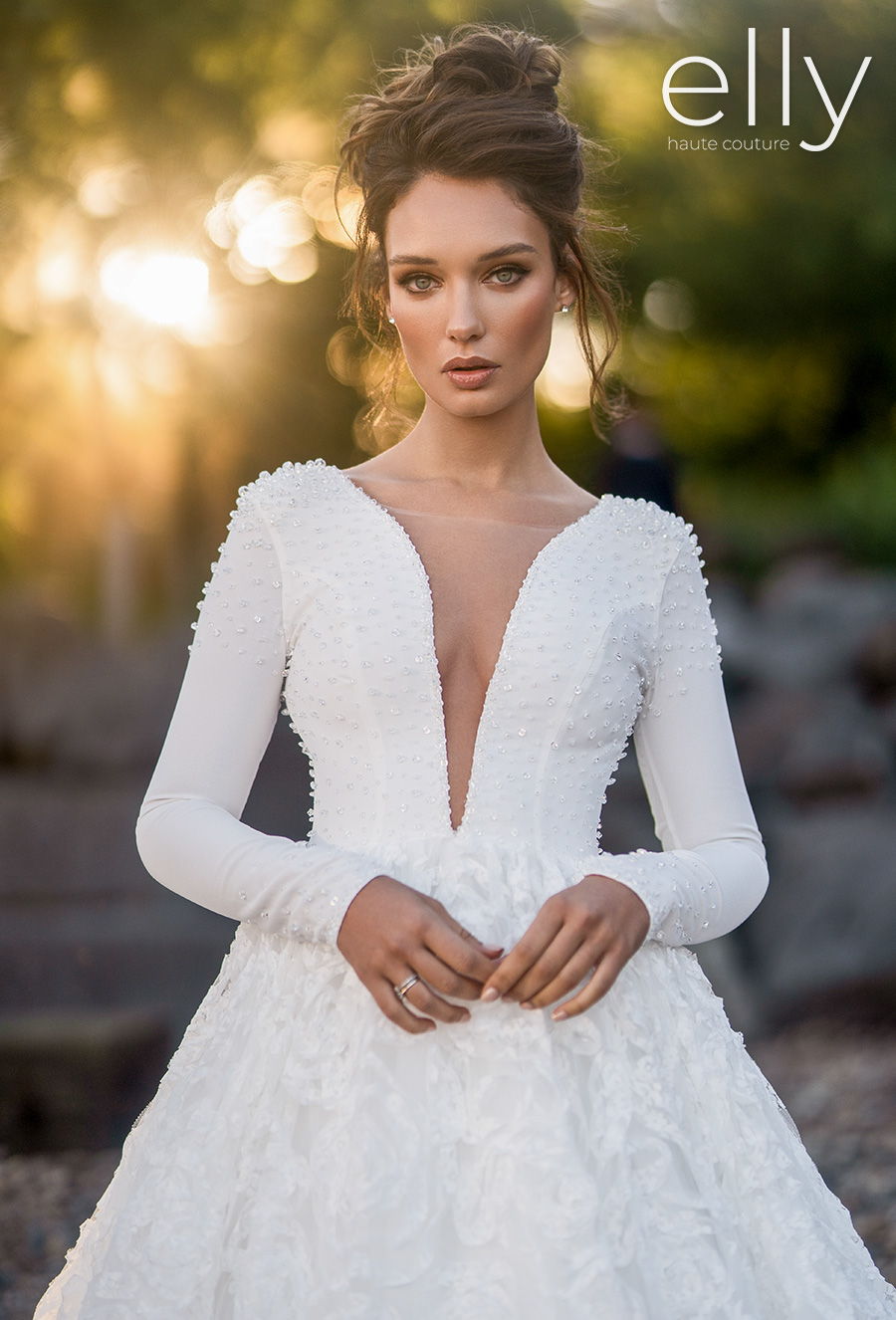 elly bride 2020 nyc bridal long sleeves deep plunging v neck full embellishment modern simple a  line wedding dress sheer button back royal train (axella) zv mv