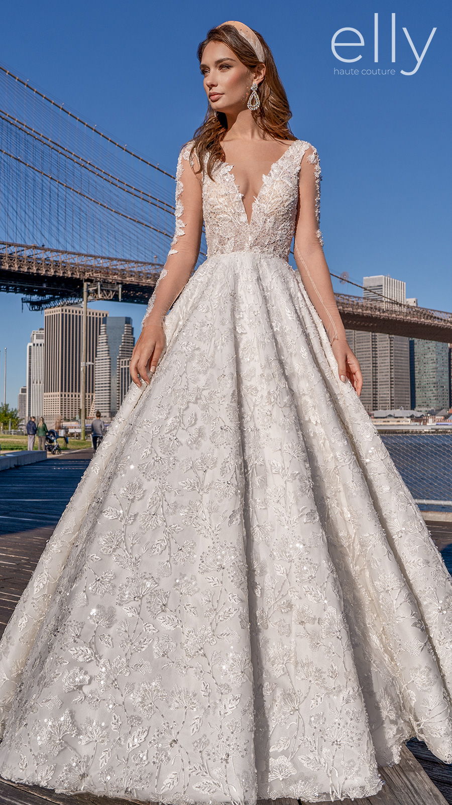 elly bride 2020 nyc bridal long sleeves deep v neck full embellishment romantic a  line wedding dress v back chapel train (adel) mv