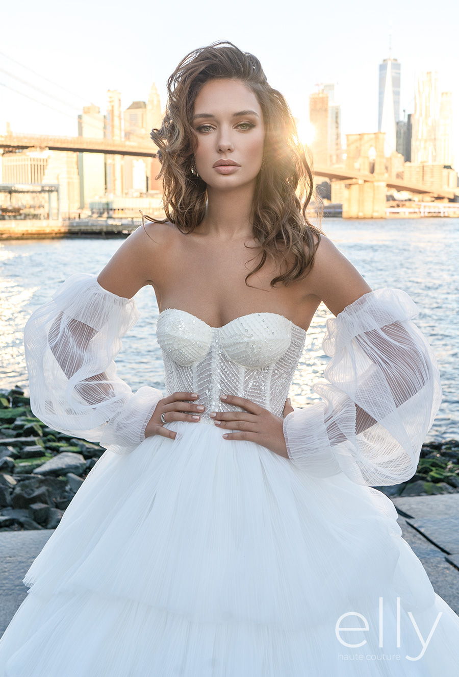 elly bride 2020 nyc bridal off the shoulder bishop sleeves sweetheart neckline heavily embellished bodice tiered skirt romantic a  line wedding dress mid back chapel train (adriana) zv mv