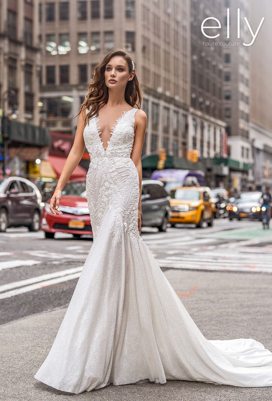 elly bride 2020 nyc bridal sleeveless deep v neck heavily embellished bodice romantic fit and flare wedding dress scoop back chapel train (chris) mv