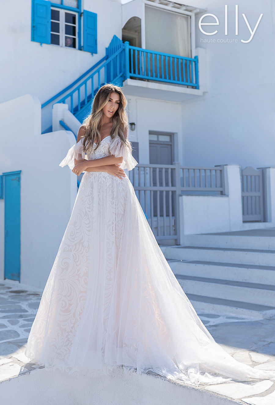 elly bride 2020 white mykonos bridal cold shoulder butterfly sleeves spaghetti strap sweetheart neckline heavily embellished bodice romantic a  line wedding dress chapel train (alyssa) mv