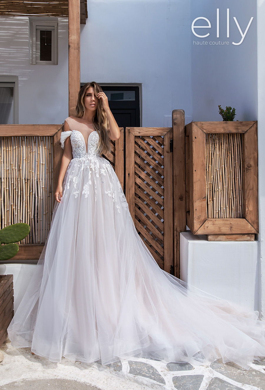 elly bride 2020 white mykonos bridal cold shoulder illusion bateau sweetheart neckline heavily embellished bodice romantic a  line wedding dress chapel train (damel) mv