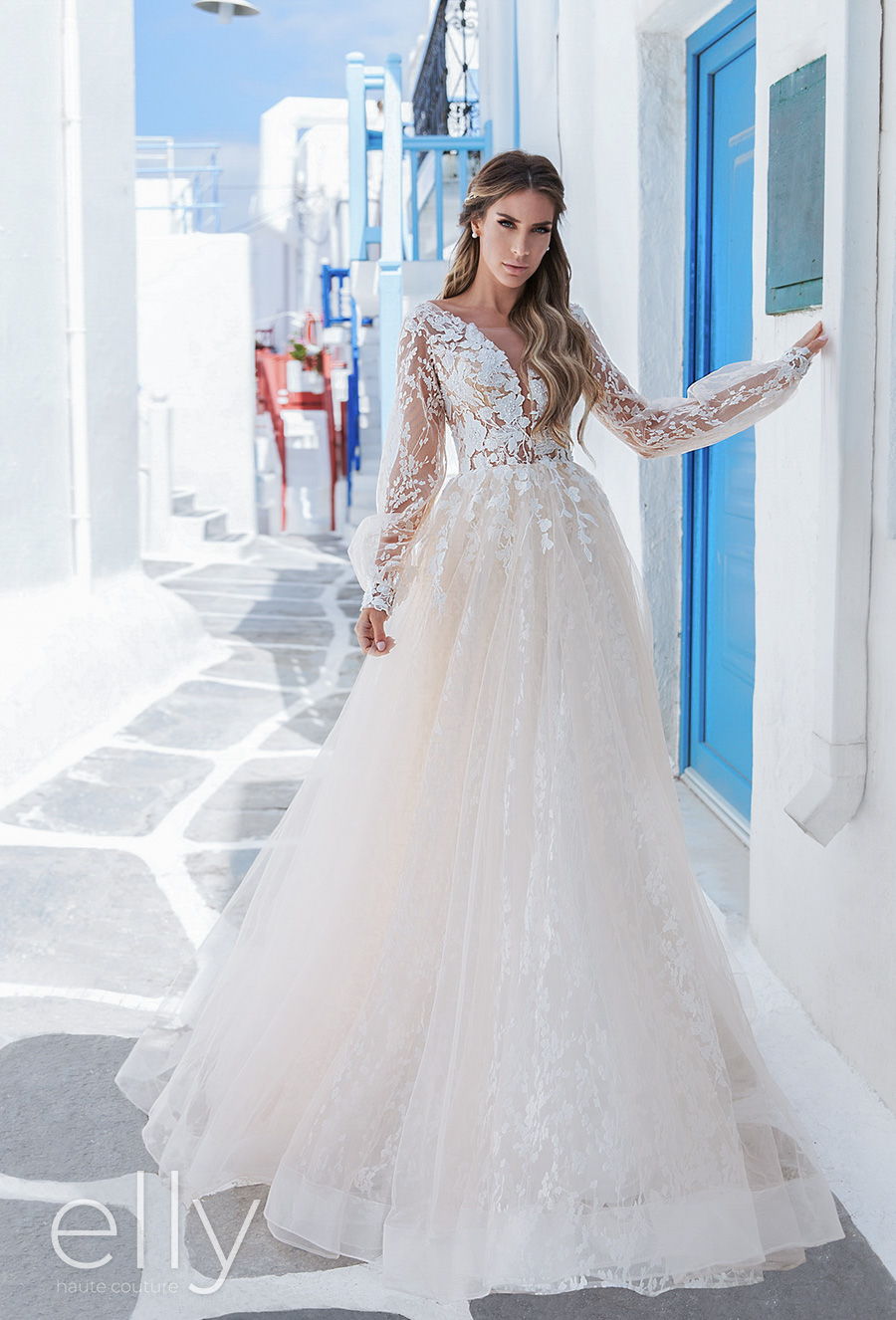 elly bride 2020 white mykonos bridal long bishop sleeves v neck heavily embellished bodice romantic a  line ivory wedding dress v back chapel train (sophie) fv mv