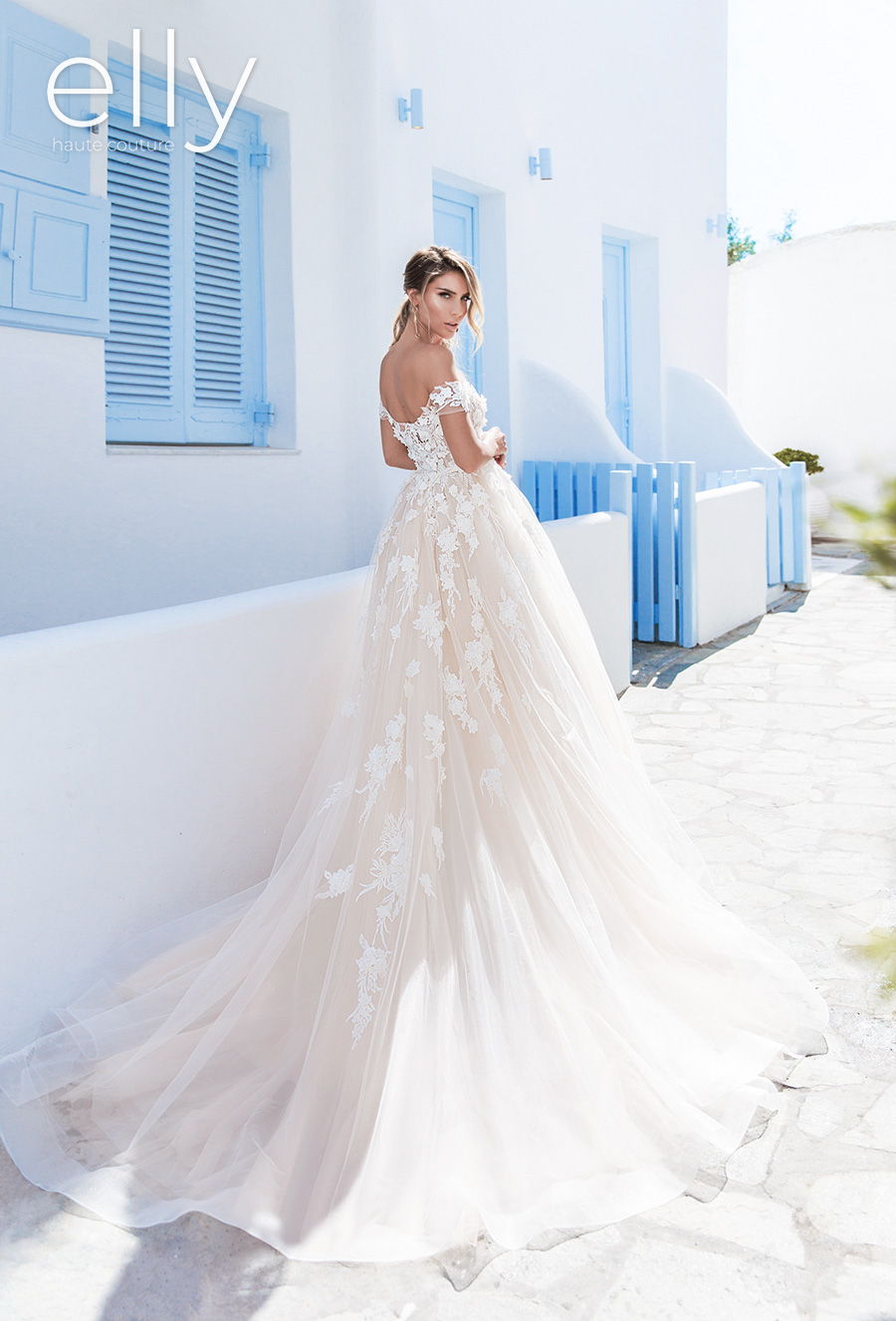 elly bride 2020 white mykonos bridal off the shoulder straight across neckline heavily embellished bodice romantic blush a  line wedding dress mid back chapel train (megan) bv