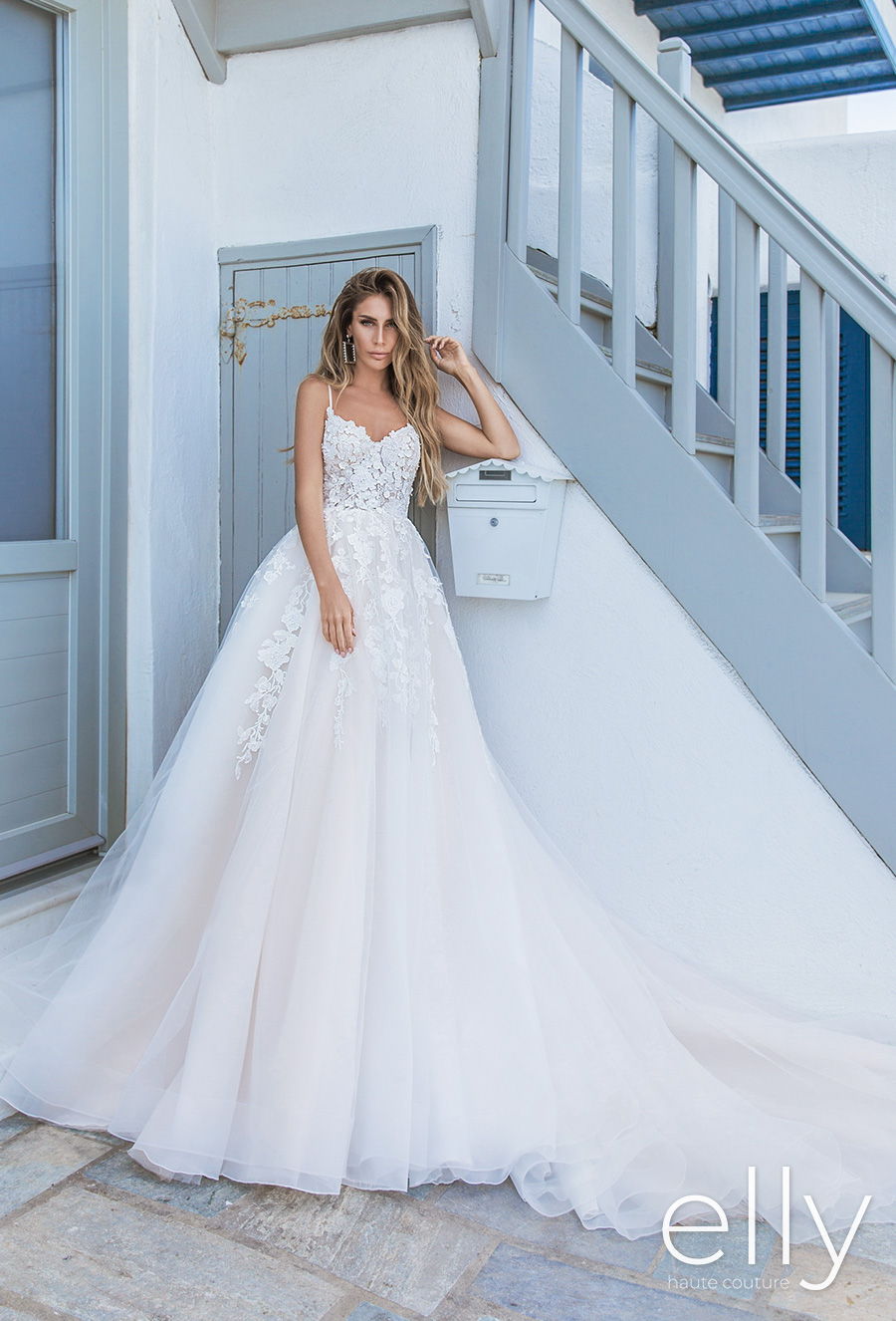 elly bride 2020 white mykonos bridal sleeveless spaghetti strap diamond neck heavily embellished bodice romantc a  line wedding dress backless chapel train (monica) mv