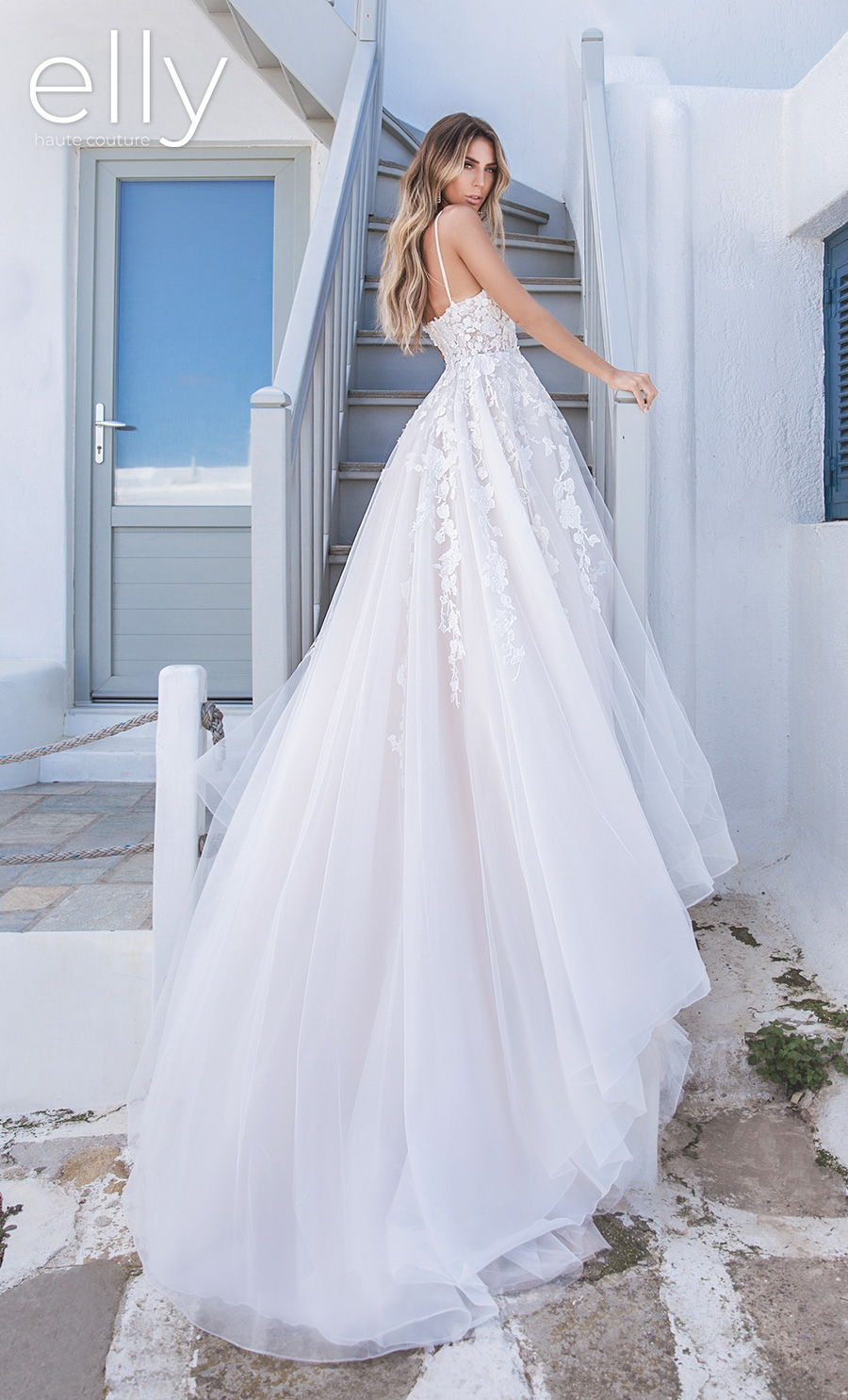 elly bride 2020 white mykonos bridal sleeveless spaghetti strap sweetheart neckline heavily embellished bodice romantic a  line wedding dress backless chapel train (monica) bv mv