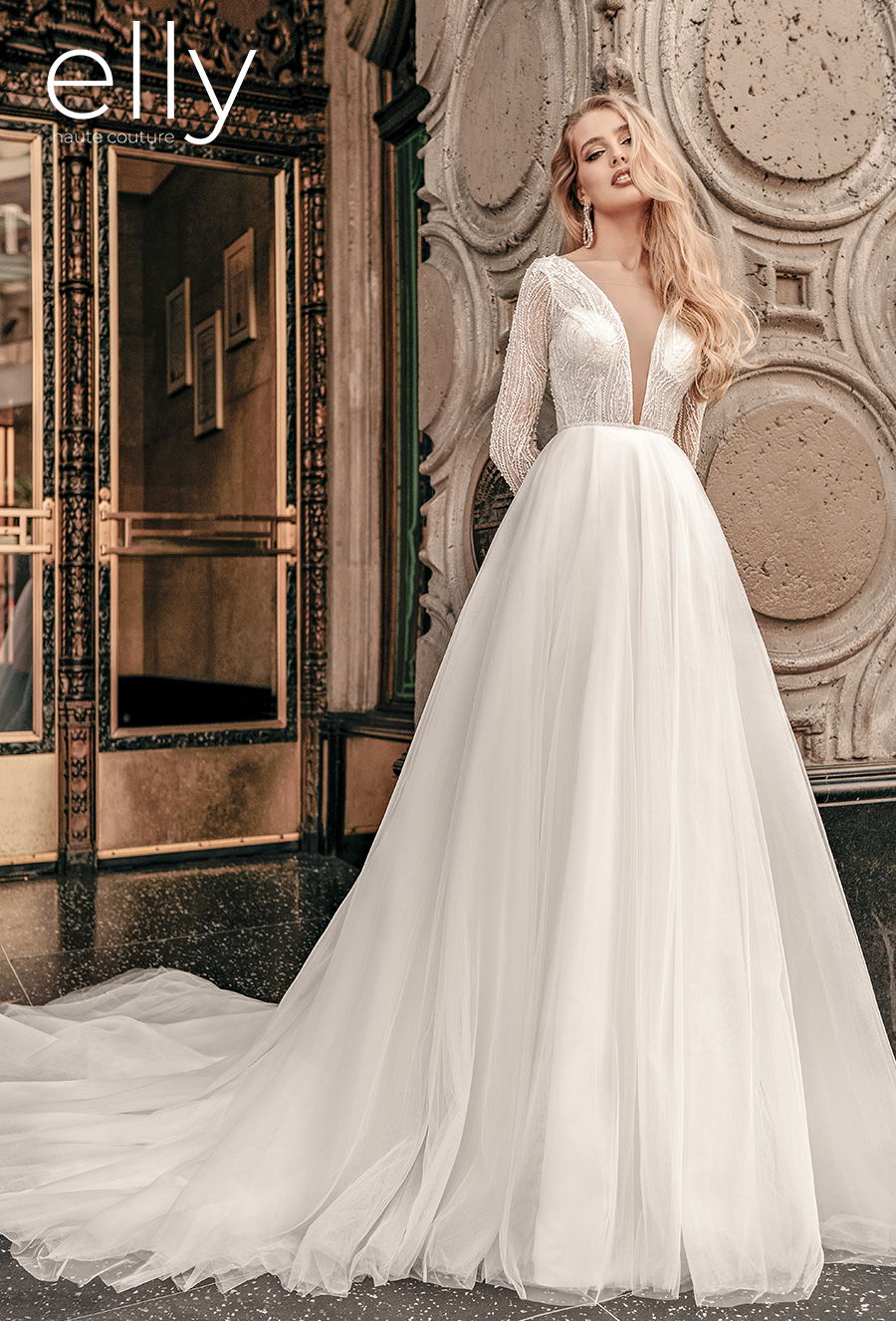 elly bride 2021 los angeles bridal long sleeves deep plunging v neck heavily embellished bodice glamorous elegant a  line wedding dress covered back medium train (diane) mv