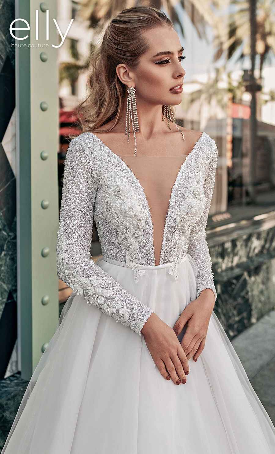 elly bride 2021 los angeles bridal long sleeves deep plunging v neck heavily embellished bodice glitter glamorous a line wedding dress low v back chapel train (sandra) mv zv