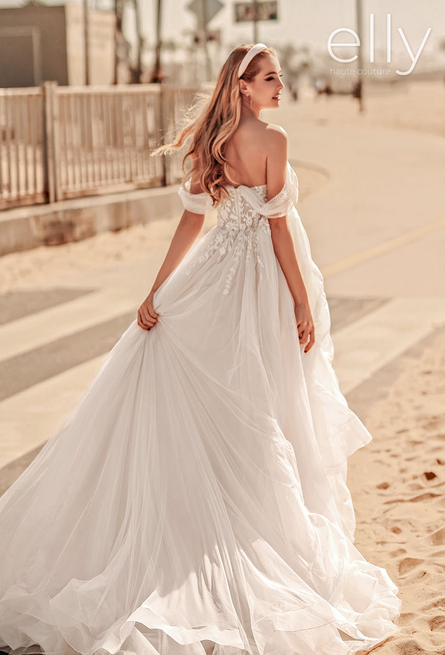 elly bride 2021 los angeles bridal off the shoulder sweetheart neckline heavily embellished bodice bustier romantic a  line wedding dress mid back medium train (catherine) bv