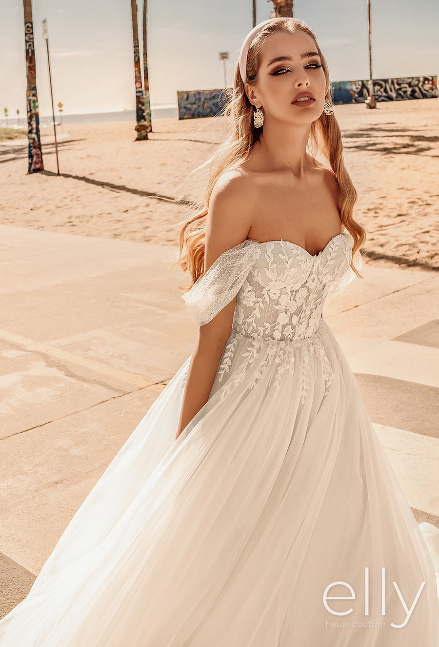 elly bride 2021 los angeles bridal off the shoulder sweetheart neckline heavily embellished bodice bustier romantic a  line wedding dress mid back medium train (catherine) mv zv