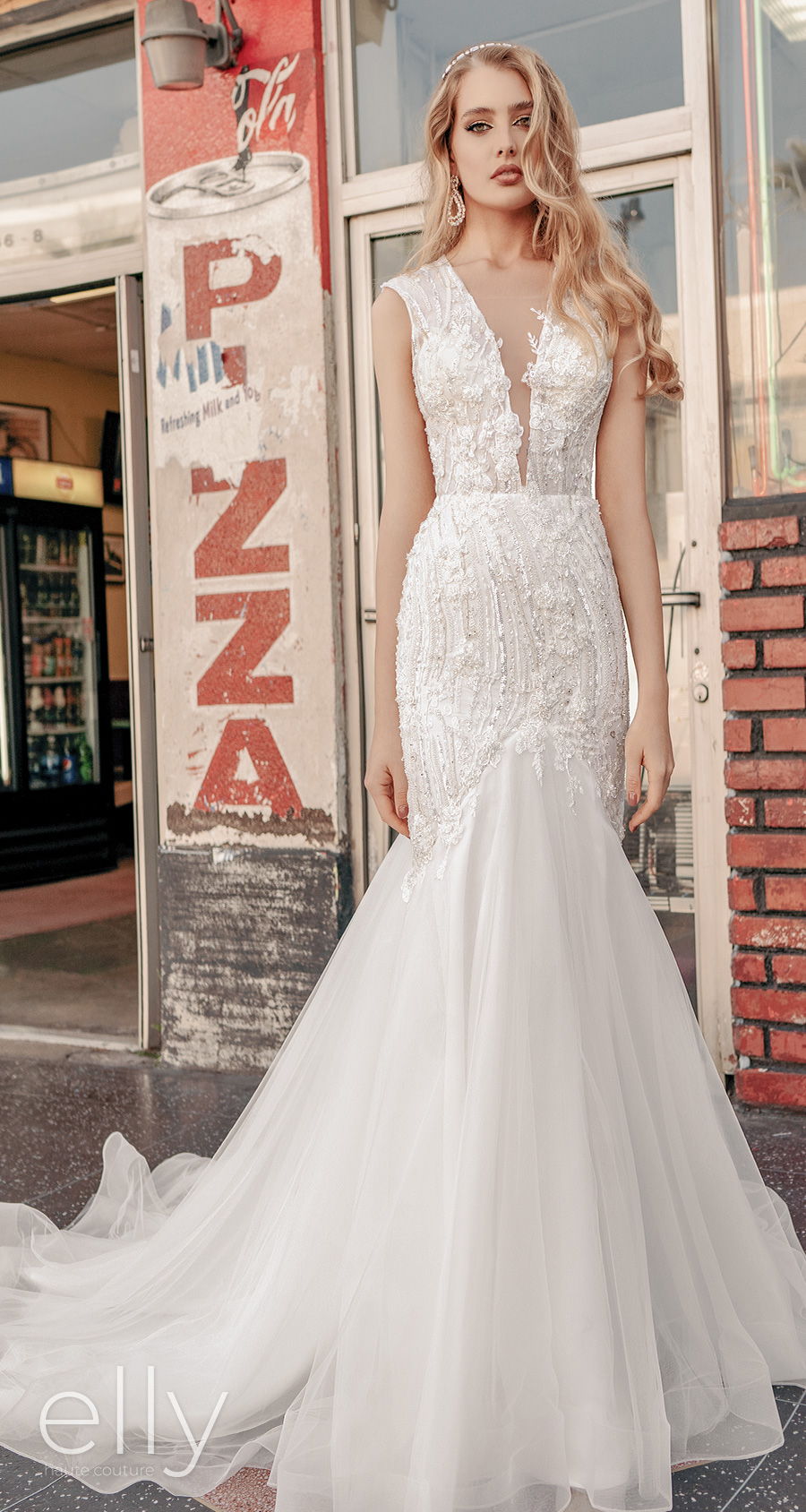 elly bride 2021 los angeles bridal sleeveless deep v neck heavily embellished bodice glamorous mermaid wedding dress covered back chapel train (adeline) mv