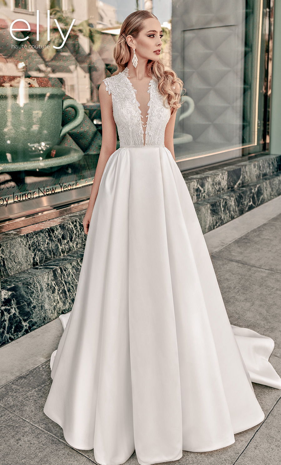 elly bride 2021 los angeles bridal sleeveless deep v neck heavily embellished bodice glitter glamorous a  line wedding dress covered back chapel train (siena) mv fv