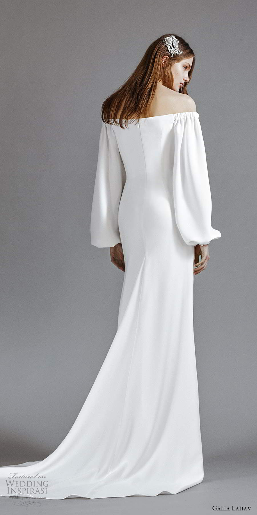 galia lahav 2021 rtw bridal long bishop sleeveso off shoulder straight across neckline clean minimalist modified a line wedding dress sweep train (7) bv galia lahav 2021 rtw bridal long bishop sleeveso off shoulder straight across neckline clean minimalist modified a line wedding dress sweep train (7) bv
