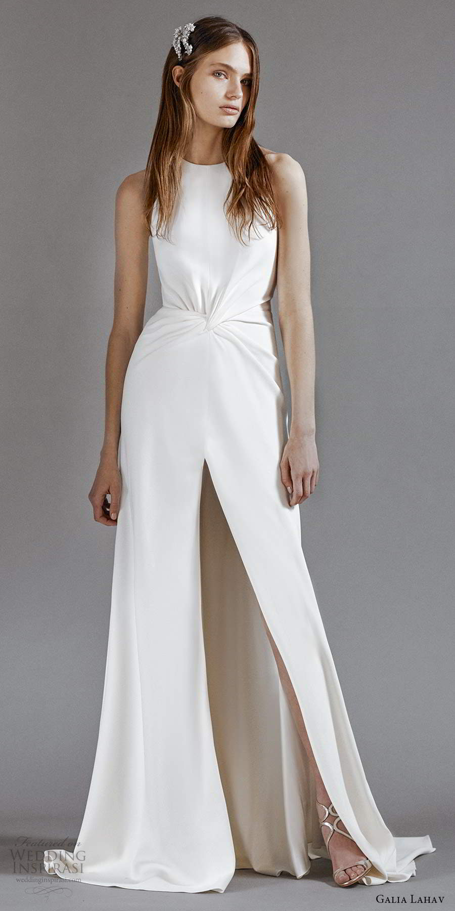 galia lahav 2021 rtw bridal sleeveless jewel neckline ruched waist clean minimalist a line wedding dress slit skirt sweep train (10) mv galia lahav 2021 rtw bridal sleeveless jewel neckline ruched waist clean minimalist a line wedding dress slit skirt sweep train (10) mv