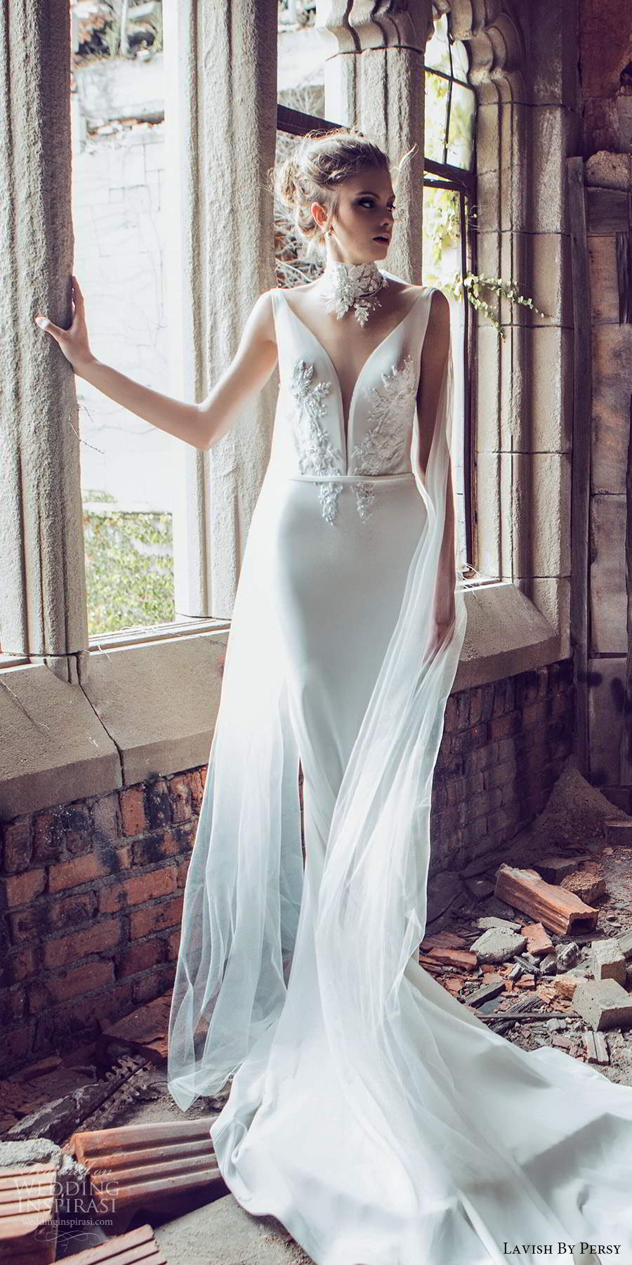 lavish by persy fall 2020 bridal sleeveless straps plunging v neckline embellished bodice sheath wedding dress chapel train (2) mv