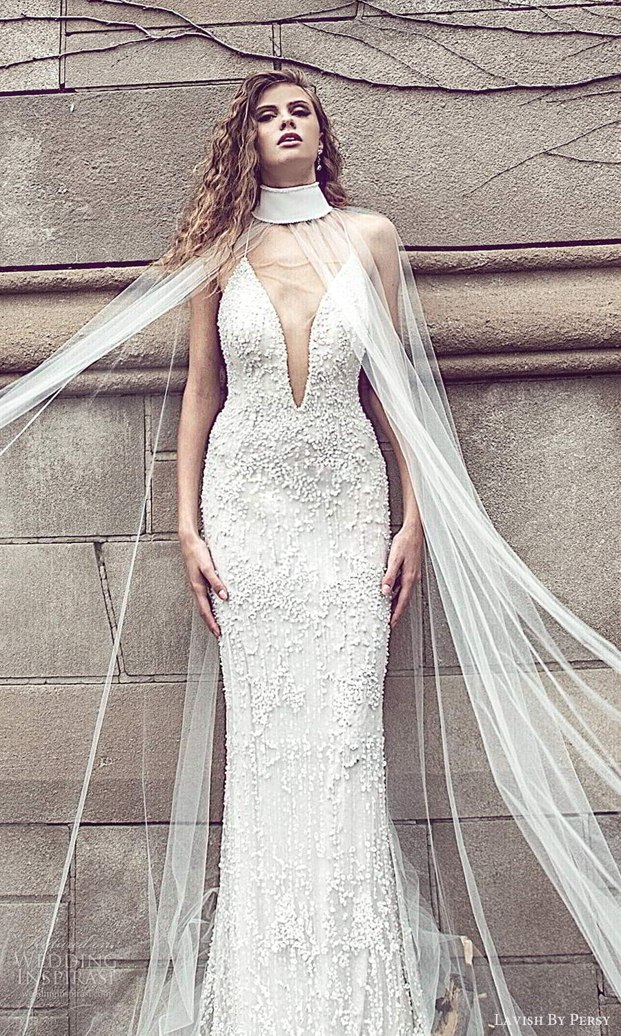 lavish by persy fall 2020 bridal sleeveless thin straps plunging v neckline fully embellished sheath wedding dress high neck cape (8) mv