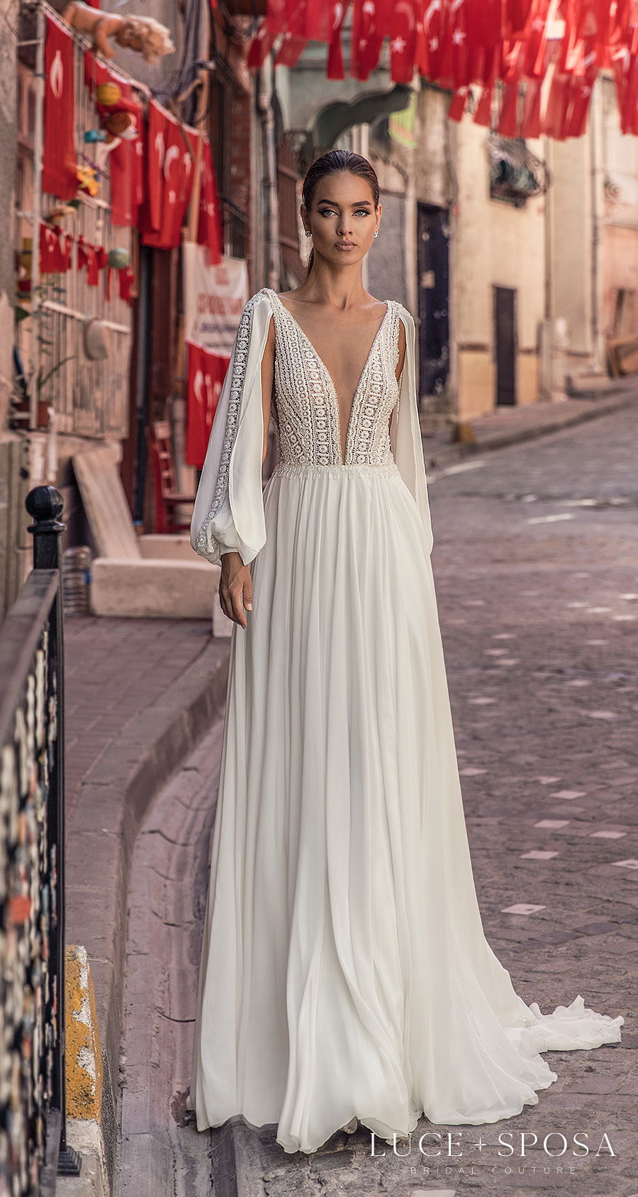 luce sposa s2021 istanbul bridal long bishop sleeves deep plunging v neck heavily embellished bodice romantic soft a  line wedding dress v back sweep train (nayeli) mv