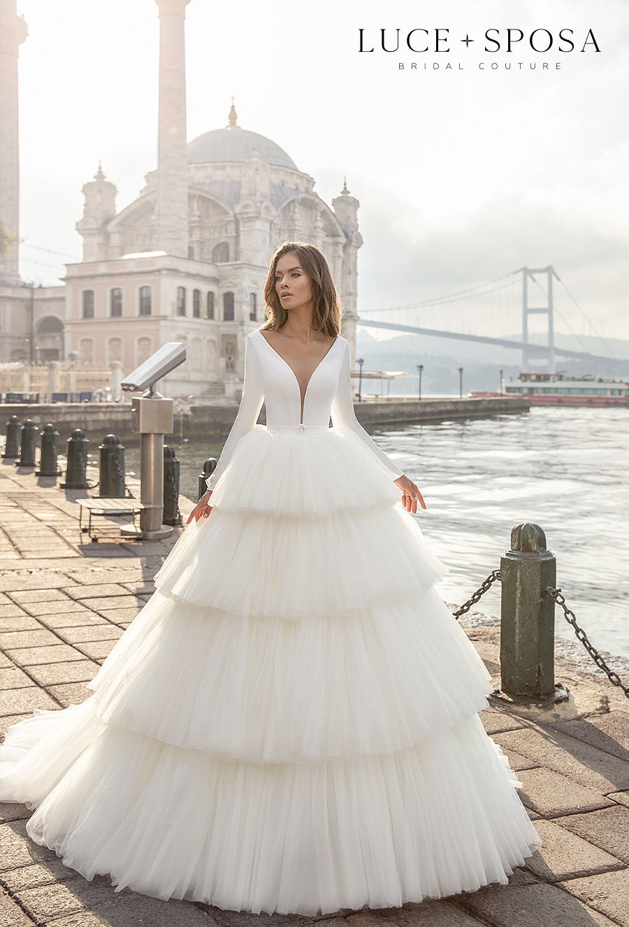 luce sposa s2021 istanbul bridal long sleeves deep plunging v neck simple clean bodice tiered skirt romantic ball gown a  line wedding dress sheer button back chapel train (delilah) mv