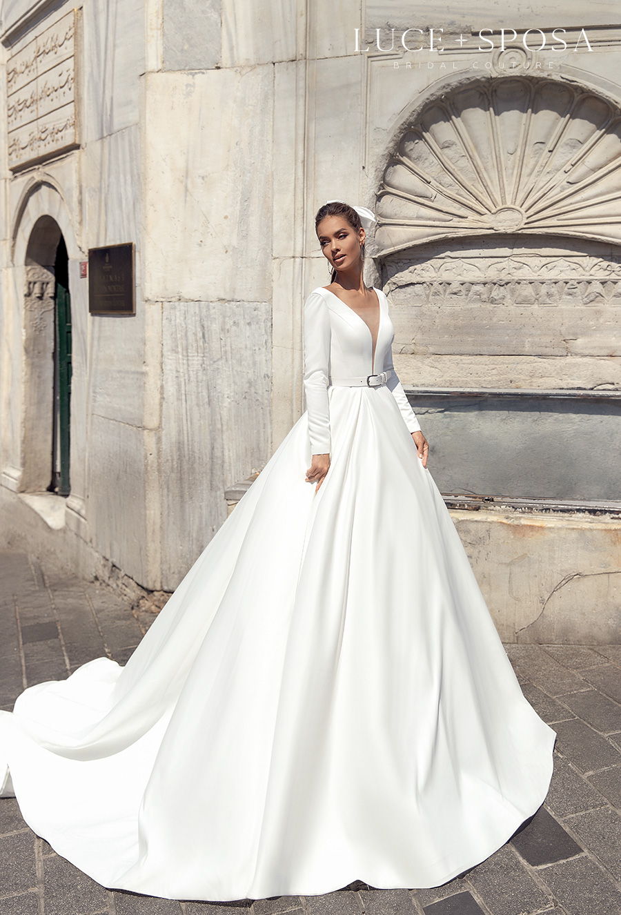 luce sposa s2021 istanbul bridal long sleeves deep v neck simple minimalist elegant belt a  line wedding dress sheer button back chapel train (riley) mv