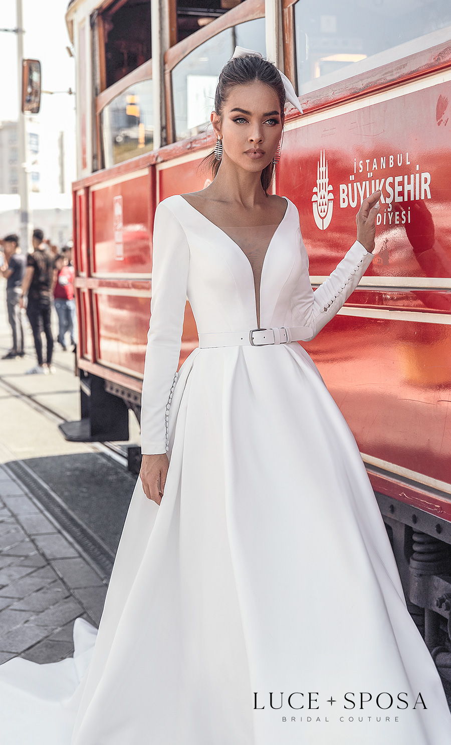 luce sposa s2021 istanbul bridal long sleeves deep v neck simple minimalist elegant belt a line wedding dress sheer button back chapel train (riley) zv