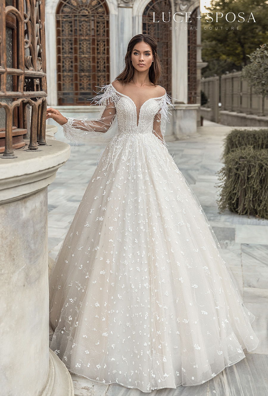 luce sposa s2021 istanbul bridal long sleeves off the shoulder sweetheart neckline full embellishment romantic a  line wedding dress keyhole back chapel train (aliyah) mv