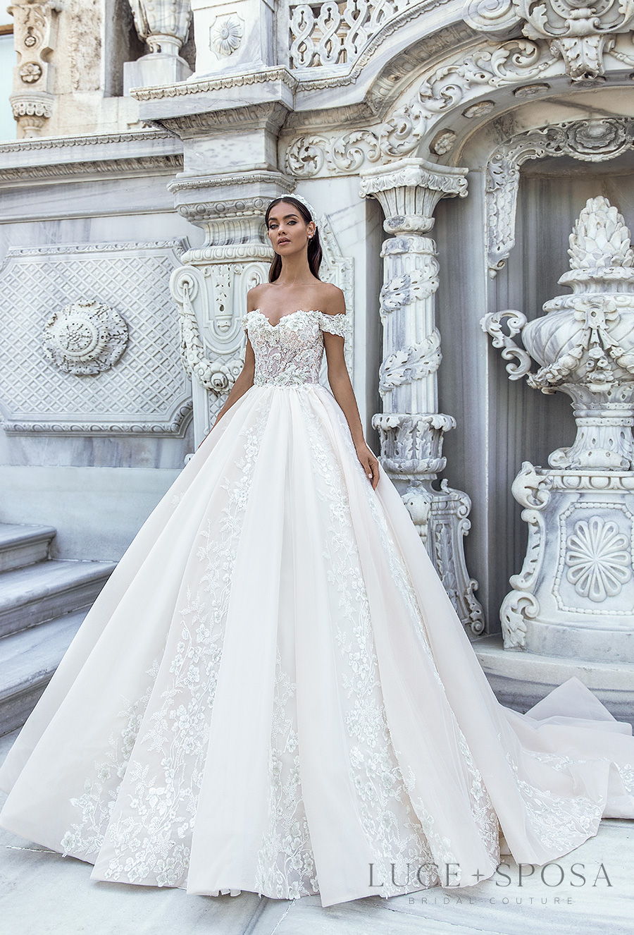 luce sposa s2021 istanbul bridal off the shoulder sweetheart neckline heavily embellished bodice princess ball gown a  line wedding dress mid back chapel train (lyra) mv