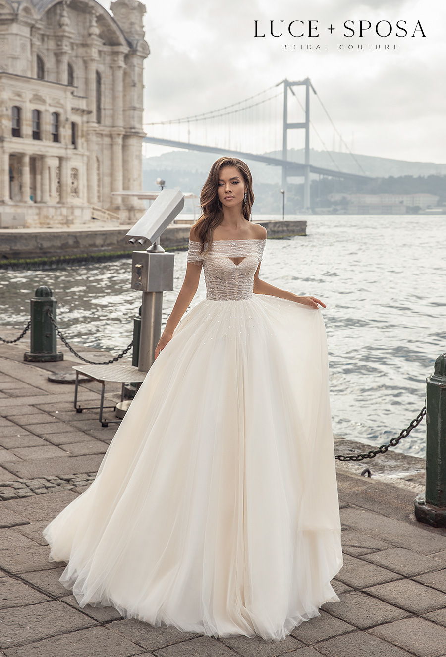 luce sposa s2021 istanbul bridal off the shoulder sweetheart neckline heavily embellished bodice romantic a  line wedding dress mid back medium train (everly) mv