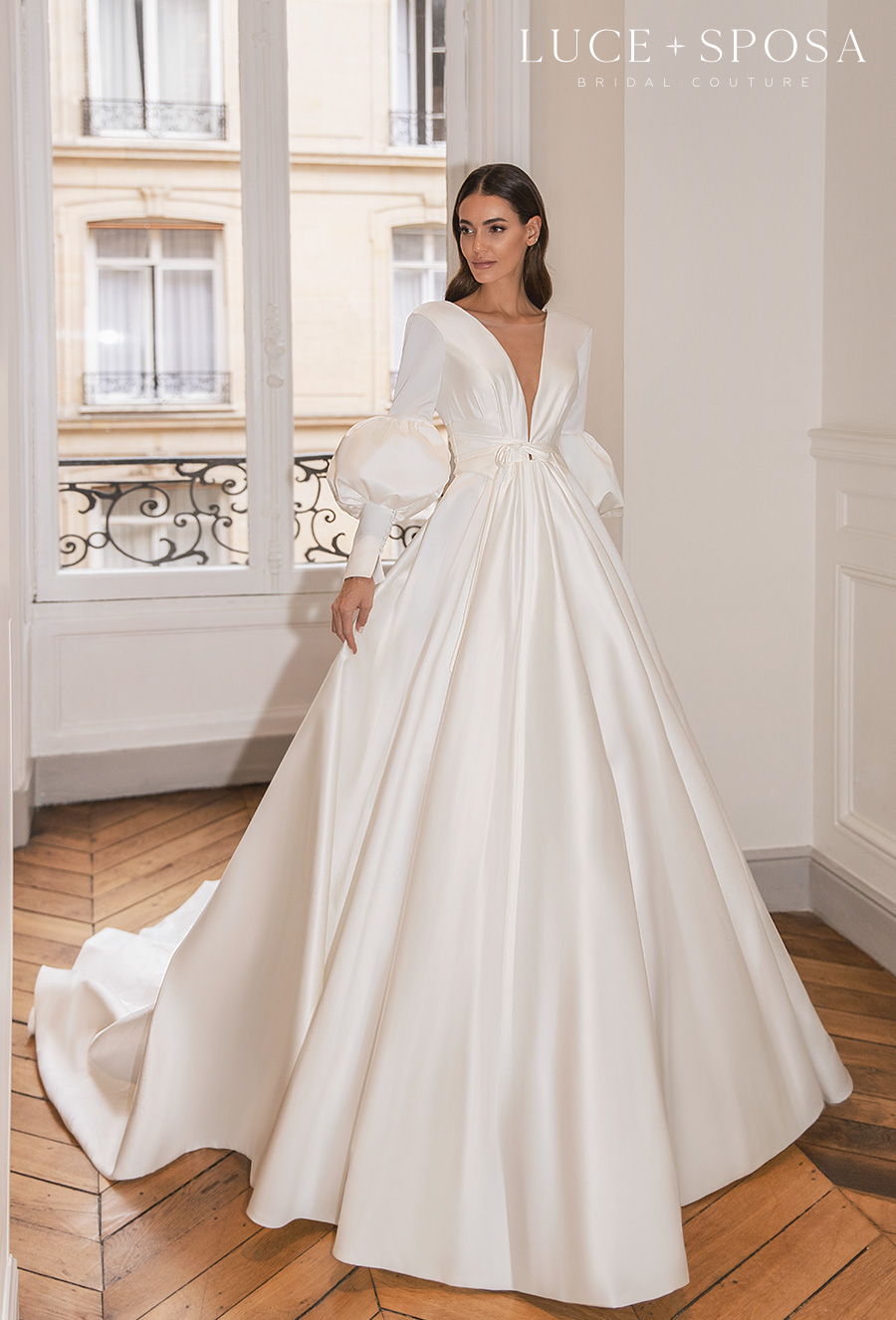 luce sposa s2021 paris bridal long mid puff sleeves deep v neck simple minimalist elegant princess a  line wedding dress v back royal tain (claundine) mv