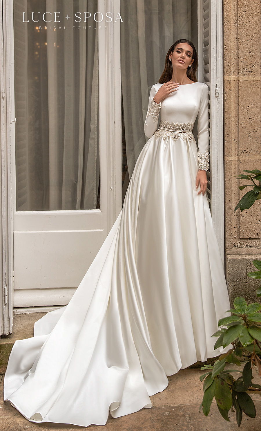 luce sposa s2021 paris bridal long sleeves bateau neck simple elegant modest a line wedding dress mid v back royal train (laurence) mv