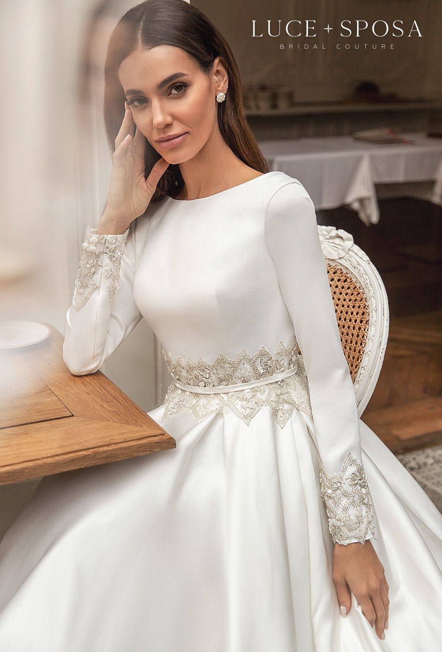 luce sposa s2021 paris bridal long sleeves bateau neck simple elegant modest a line wedding dress mid v back royal train (laurence) zv