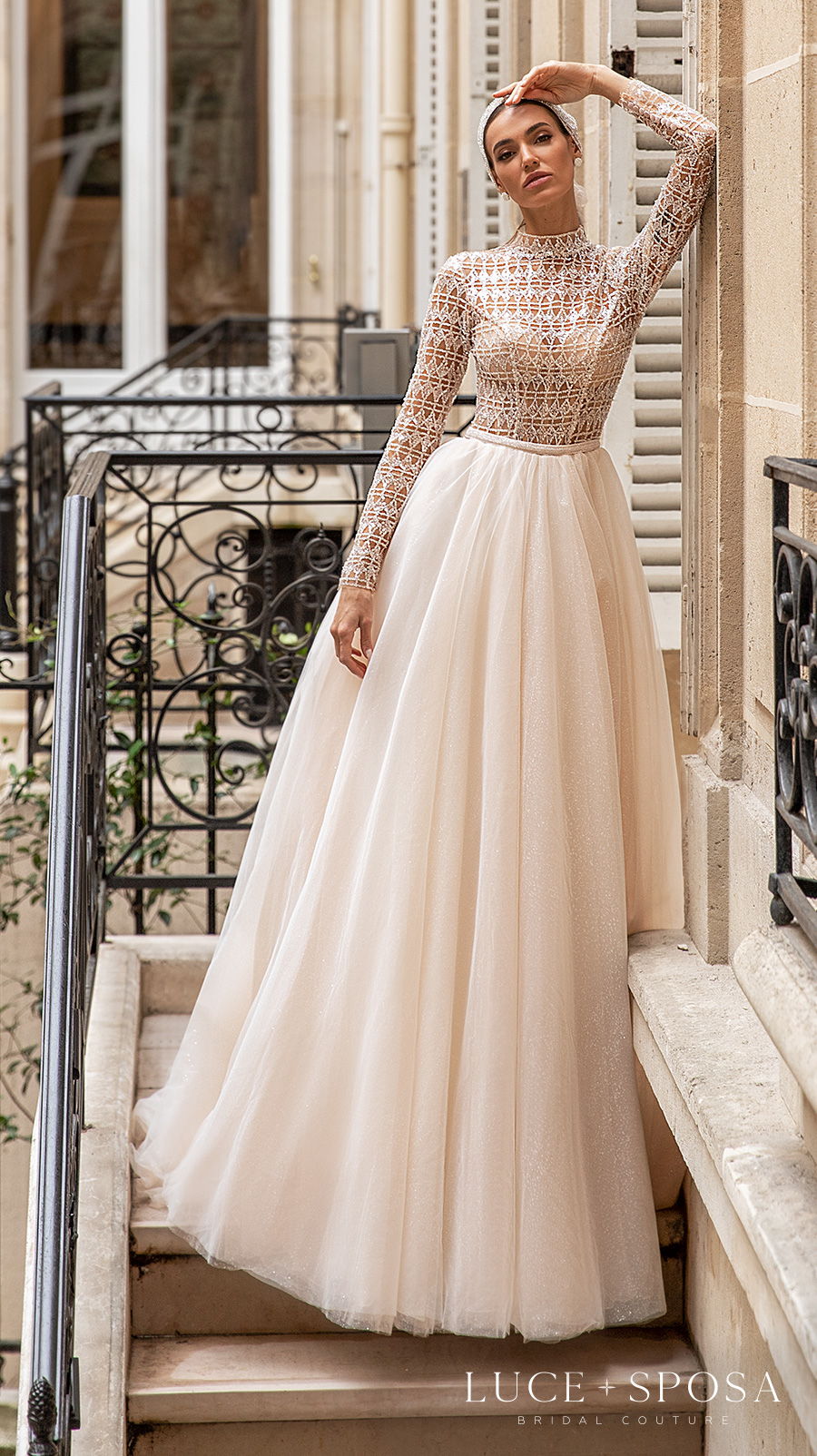 luce sposa s2021 paris bridal long sleeves high neck heavily embellished bodice glamorous a  line ivory wedding dress covered back chapel train (andreea) mv