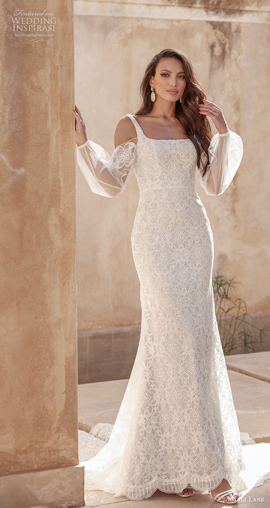 madi lane fall 2020 bridal cold shoulder bishop sleeves with strap square neckline full embellishment elegant fit and flare sheath wedding dress scoop back short train (18) mv madi lane fall 2020 bridal cold shoulder bishop sleeves with strap square neckline full embellishment elegant fit and flare sheath wedding dress scoop back short train (18) mv