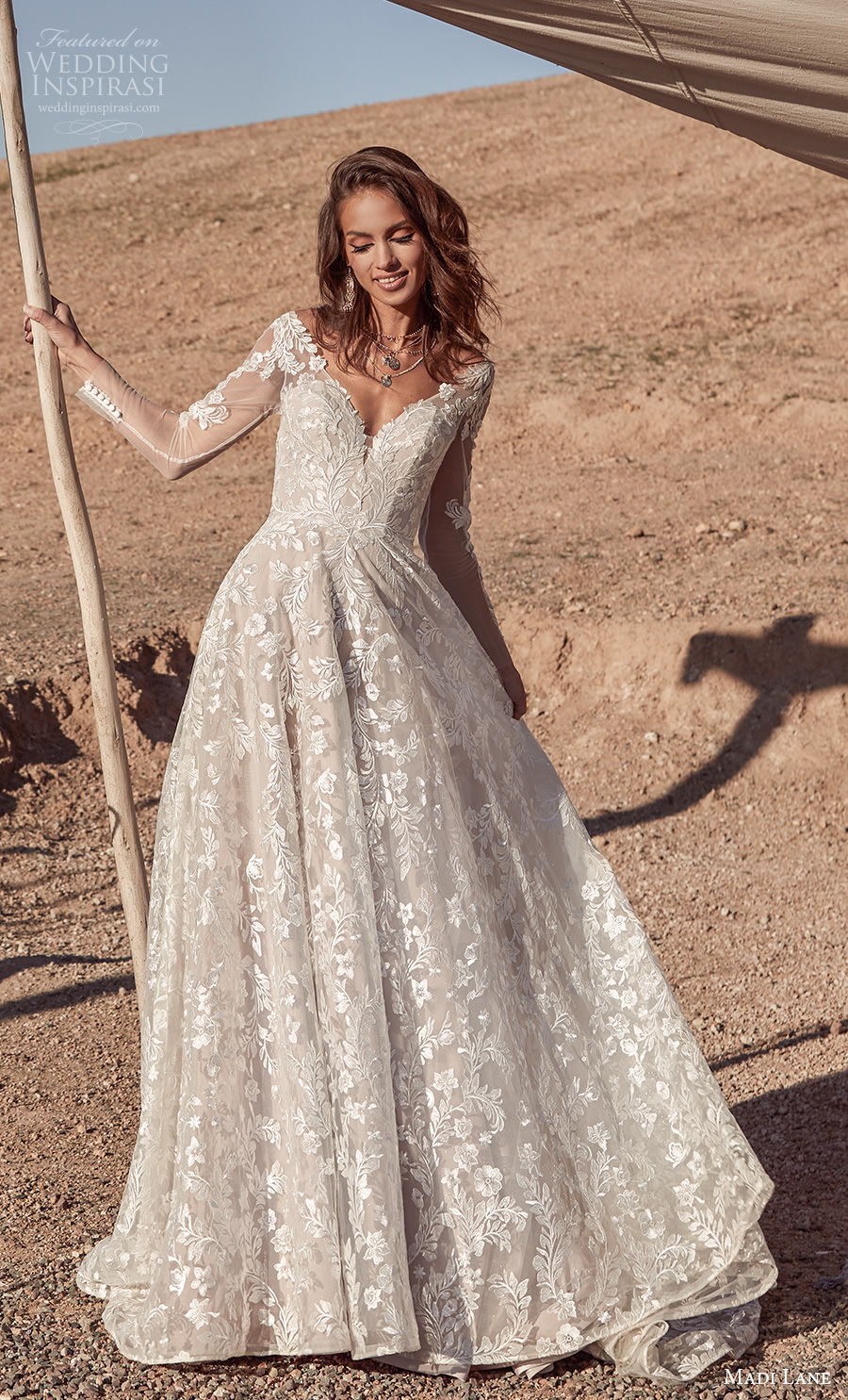 madi lane fall 2020 bridal long sleeves v neck full embellishment romantic princess a  line wedding dress backless v back chapel train (15) mv