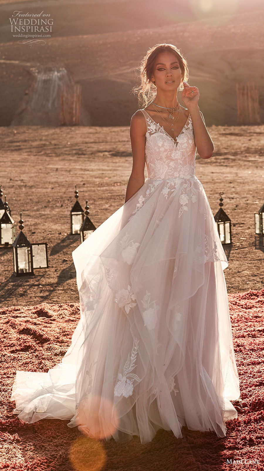 madi lane fall 2020 bridal sleeveless with strap v neck heavily embellished bodice layered skirt romantic soft a  line wedding dress v back chapel train (13) mv